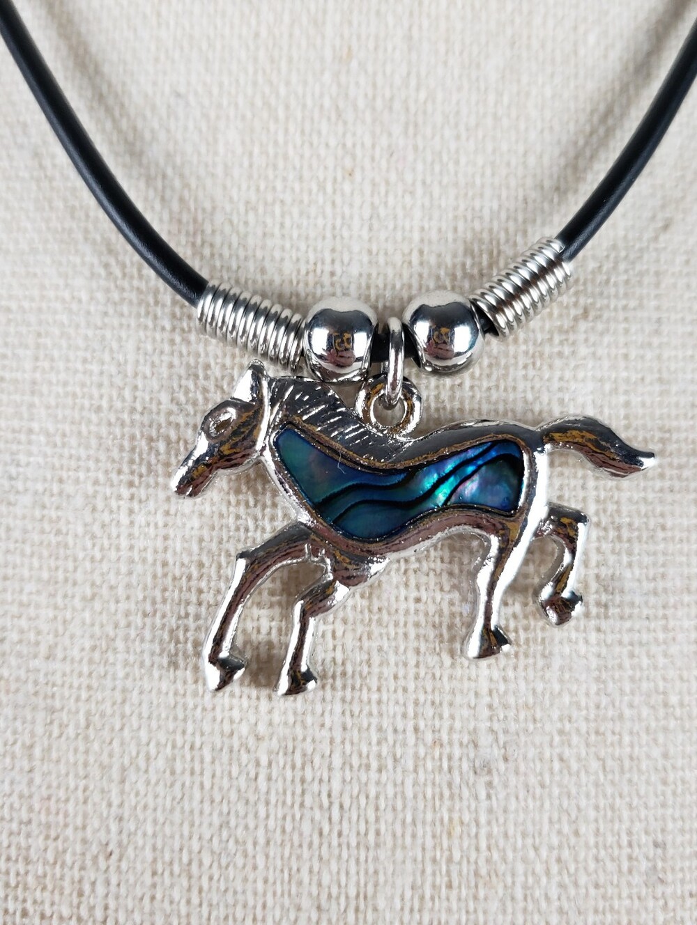 Silver Horse Pendant Necklace with Blue Abalone Inlay - Women Jewelry